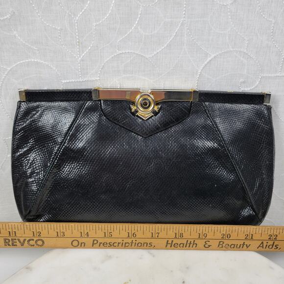 Vintage Judith Lieber Hinged Snakeskin Clutch Black Strap Art Deco Evening Bag - Picture 14 of 16
